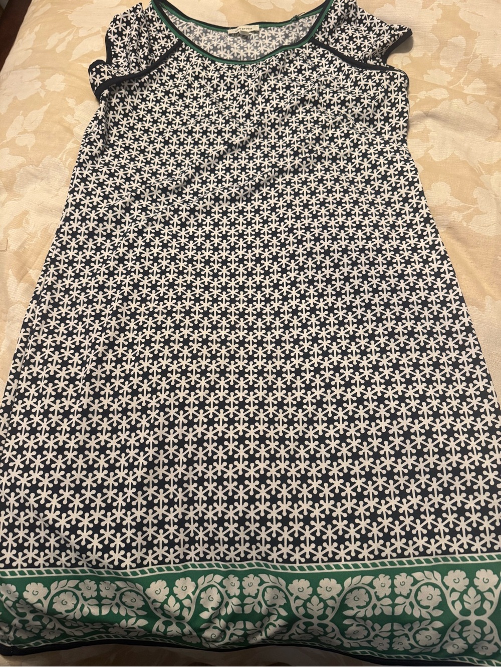 Max Studio Navy and White Geometric Sleeveless Dress with Green Trim